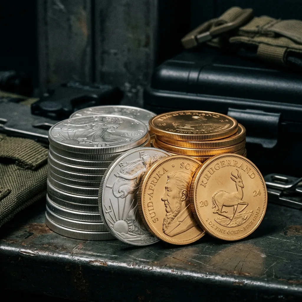 Stack of premium gold and silver bullion coins