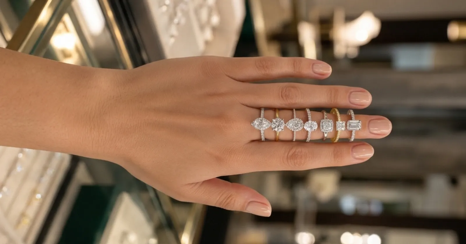 A hand wearing several diamond engagement rings in different cuts, photographed in the showroom