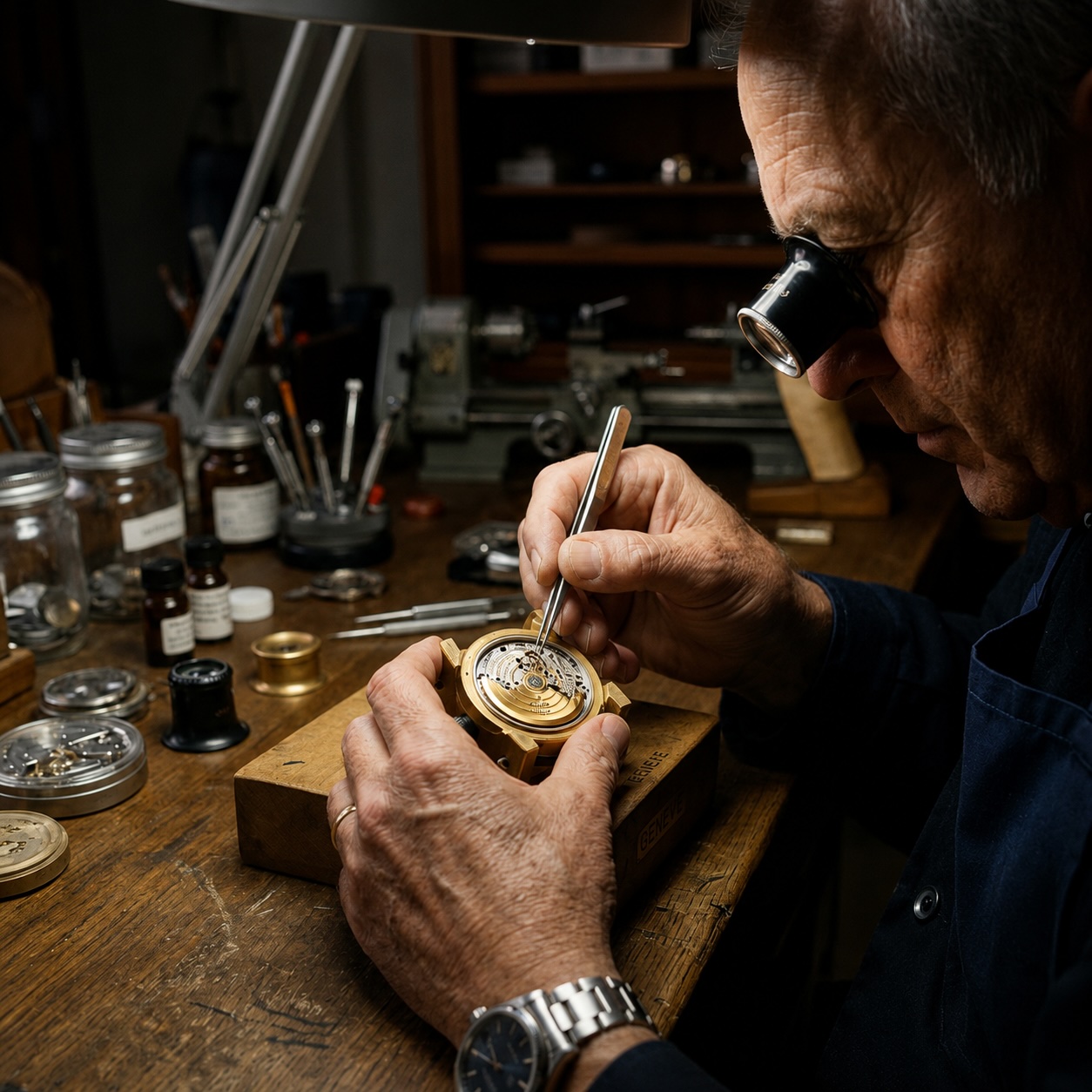 Watchmaker inspecting a luxury watch