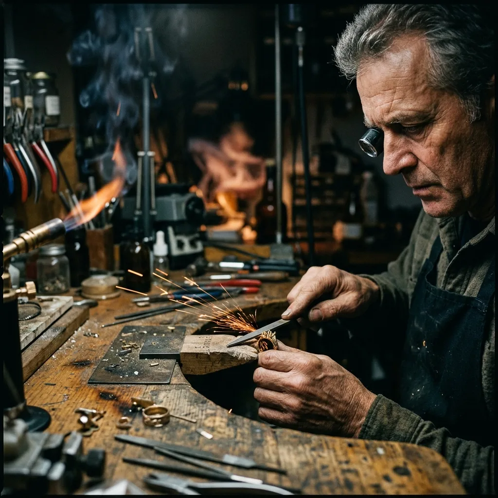 Master jeweler working at a bench
